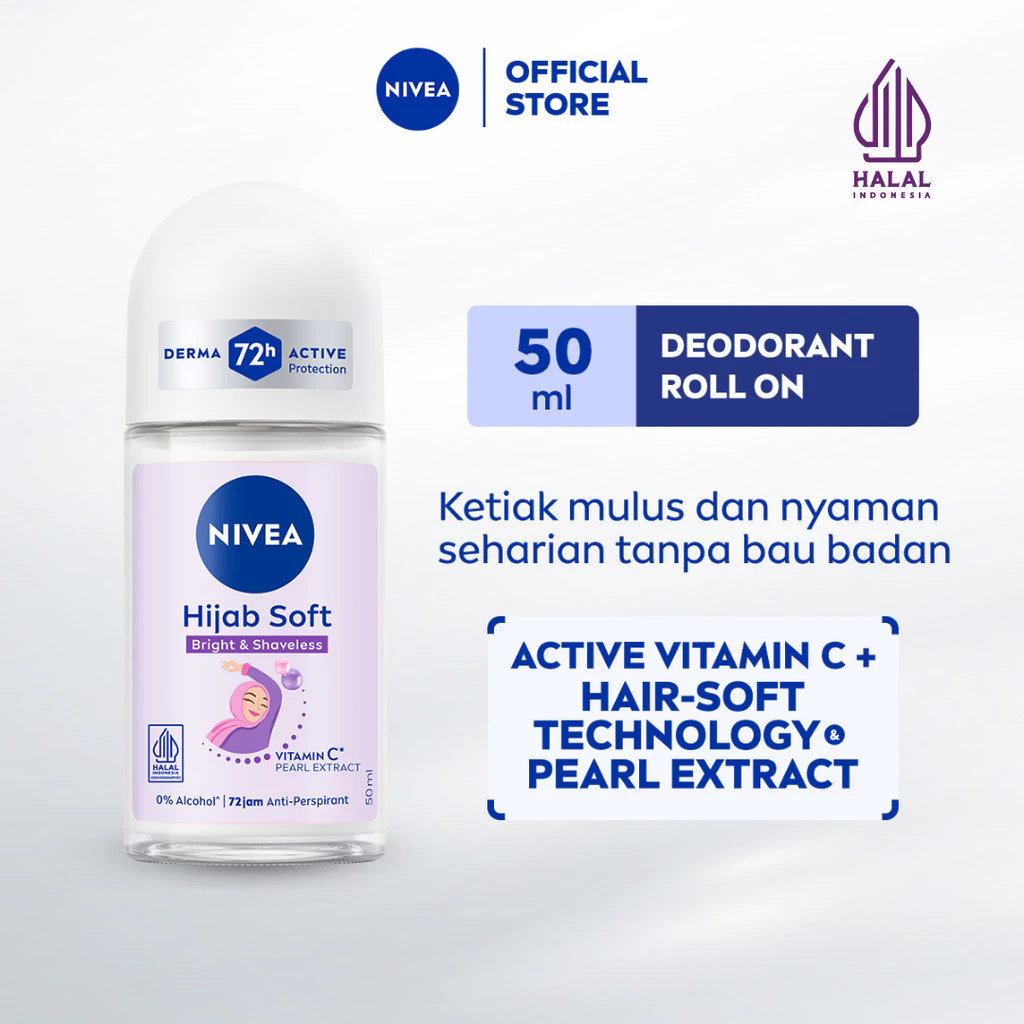 NIVEA Deodorant Roll On Brightening Hijab Soft 50ml - Deodorant wanita hijab mencerahkan melembutkan kullit dan mengurangi frekuensi bercukur bulu ketiak dengan wangi segar tahan lama seharian - Antiperspiran, Vitamin C, Ekstrak Mutiara, 0% alkohol