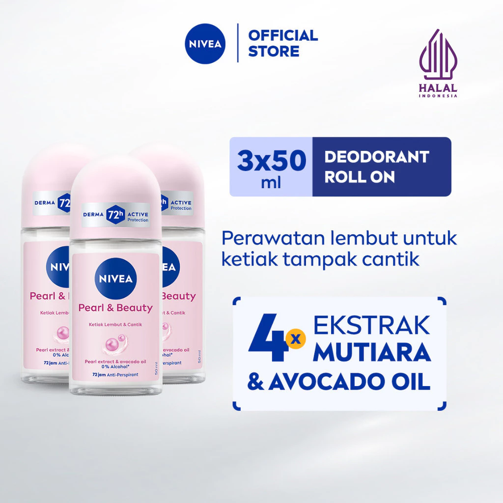 NIVEA Deodorant Roll On Pearl & Beauty 50ml x3 - Mencerahkan & menghaluskan kulit ketiak