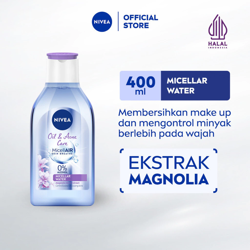 NIVEA Micellar Water MicellAir Oil & Acne Care 400ml - Pembersih make up aman untuk kulit berminyak jerawat sensitif oily acne prone skin penghapus riasan wajah double cleansing tanpa alkohol - Magnolia Bark Extract, 0% Alcohol