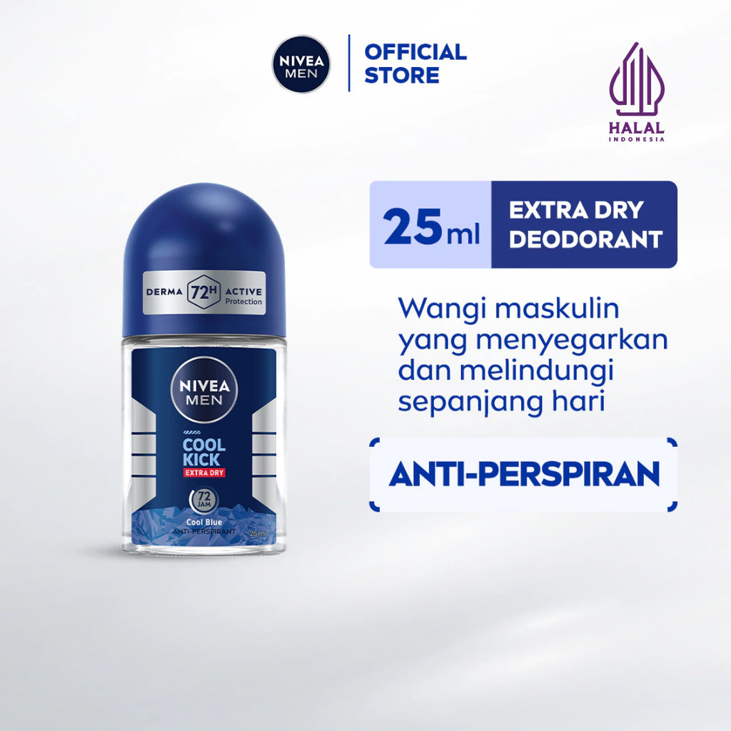 NIVEA MEN Deodorant Roll On Cool Kick 25ml - Deodorant pria perlindungan ekstra kering dari keringat bau badan dengan sensasi dingin dan wangi sporty maskulin seharian - Antiperspiran, tidak mengandung ethyl alkohol cocok untuk semua jenis kulit