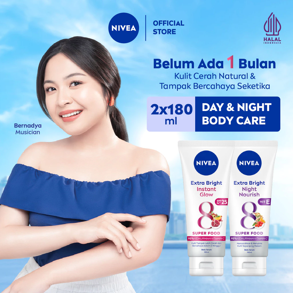 NIVEA Body Serum Extra Bright Brightening Day & Night (Instant Glow + Night Nourish) 180ml x2 - Merawat & mencerahkan kulit di pagi & malam