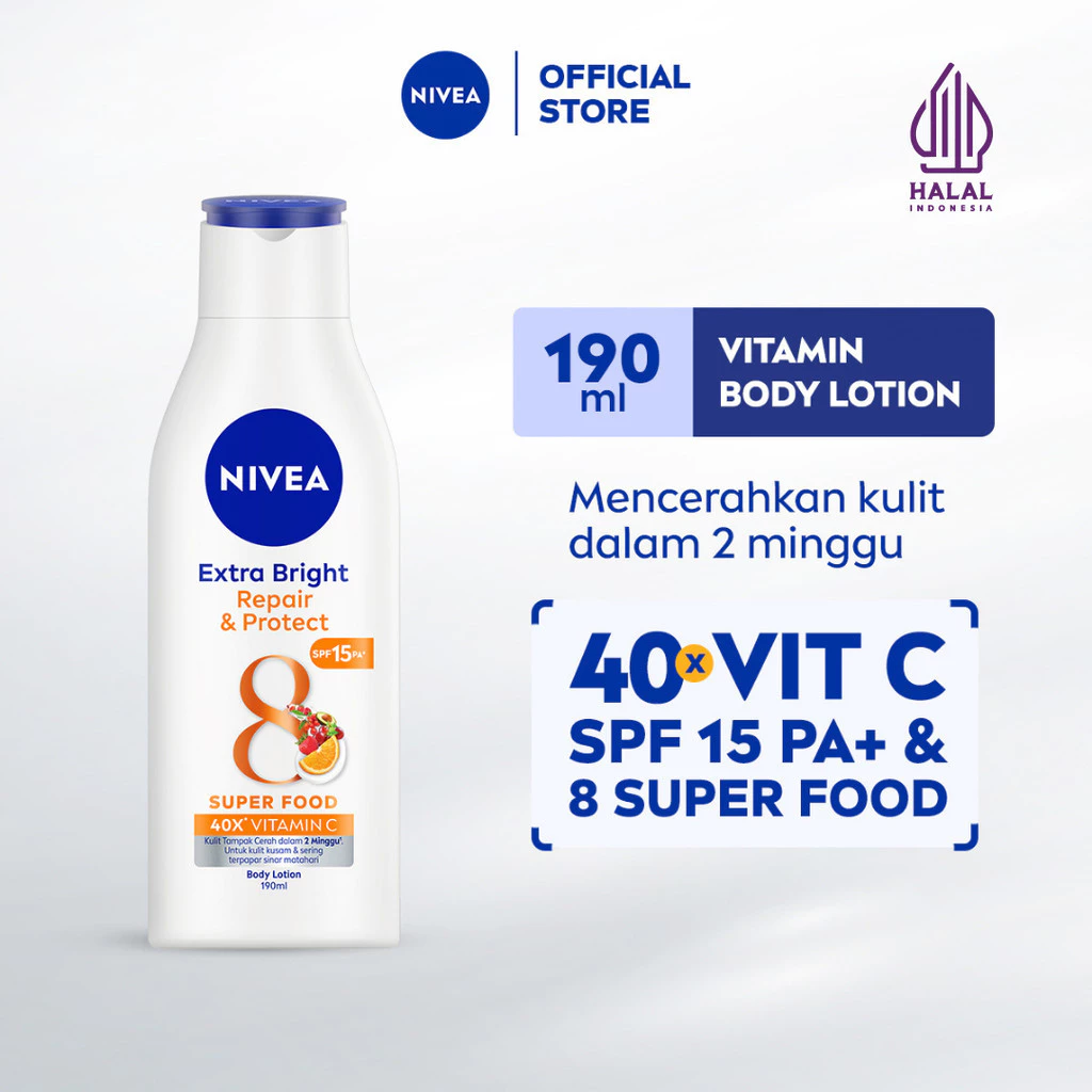 NIVEA Body Lotion Extra Bright Repair & Protect Brightening SPF 15 190ml - Handbody SPF serum sun daily UV protection body care mencerahkan melindungi sinar matahari 24 jam - 40x Vitamin C, Grapeseed oil, 8 Super Food pelembab harian daily sun lotion