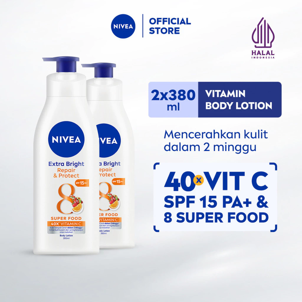 NIVEA Body Lotion Extra Bright Repair & Protect SPF15 380ml x2 - Mencerahkan kulit kusam, melembapkan