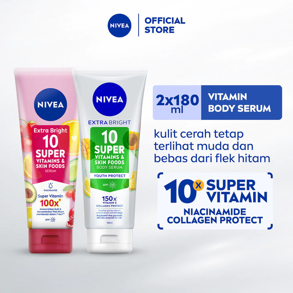 NIVEA Body Serum Extra Bright 10 Super Vitamins & Skin Foods Niacinamide + Collagen 180ml x2 - Moisturizing - Mencerahkan, menyamarkan noda hitam, kulit terlihat muda dlm 5 hari - SPF15