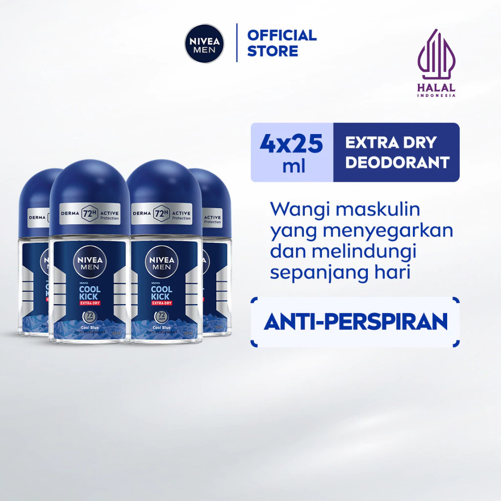NIVEA MEN Deodorant Cool Kick Roll-On 4x25mL Perlindungan 48 Jam