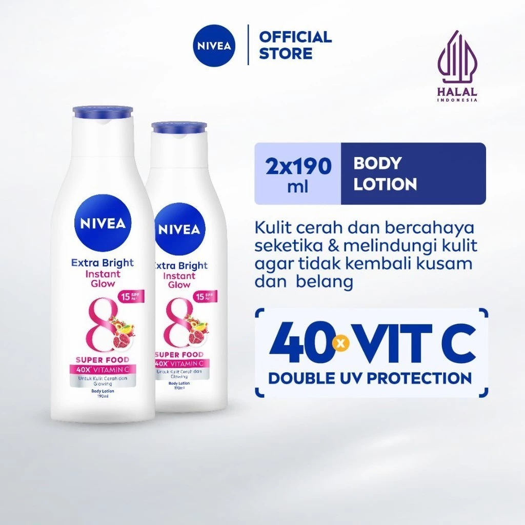 NIVEA Body Lotion Extra Bright Instant Glow SPF15 190ml Twinpack - Mencerahkan & kulit glowing seketika