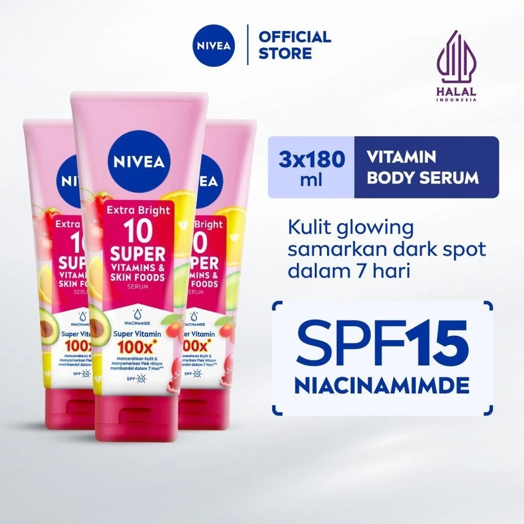 NIVEA Body Serum Extra Bright 10 Super Vitamins & Skin Foods 180ml X3 - Mencerahkan & Menyamarkan Noda Hitam