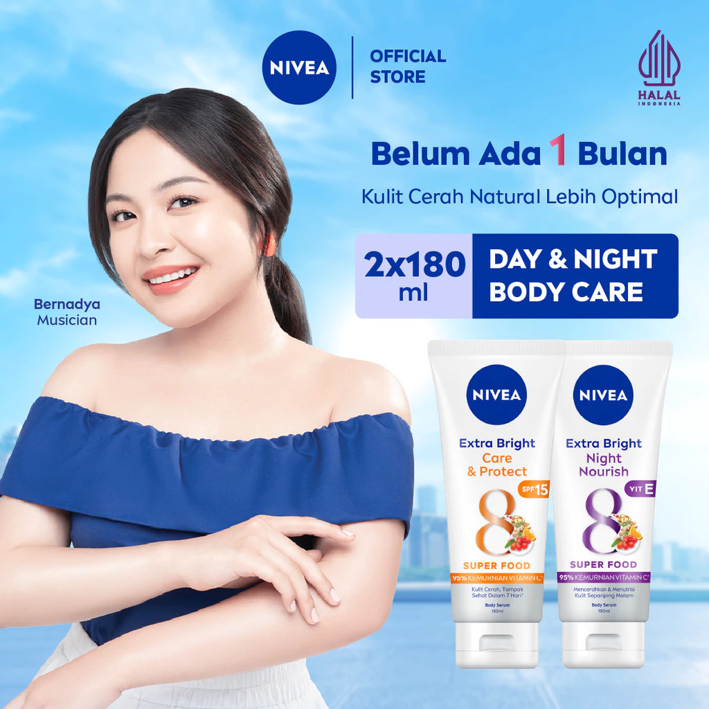 NIVEA Body Serum Extra Bright Brightening Day & Night (Care & Protect + Night Nourish) 180ml x2 - Merawat & mencerahkan kulit di pagi & malam
