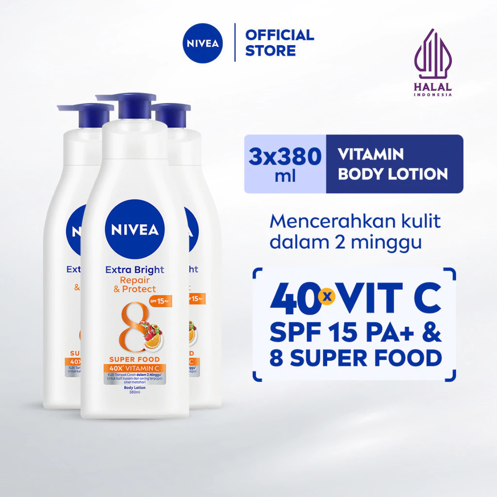 NIVEA Body Lotion Extra Bright Brightening Repair & Protect SPF15 380ml x3 - Mencerahkan kulit kusam, melembapkan