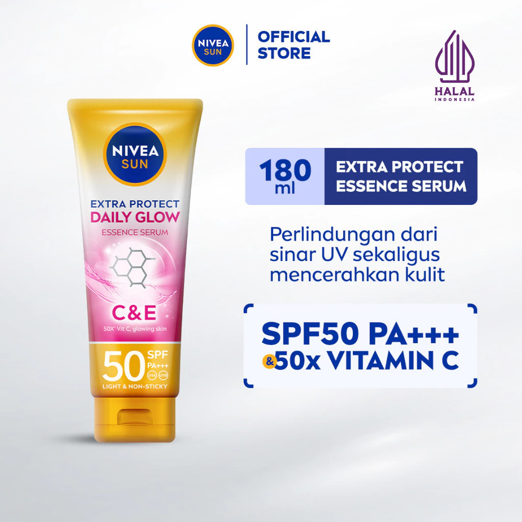 NIVEA SUN Body Serum Daily Glow Essence Serum SPF 50+ PA+++ 180ml - Sunscreen badan sunblock tone up cream brightening glowing daily sun protect body care harian lightweight proteksi sinar matahari UV - 50x Vitamin C, tekstur ringan tidak lengket