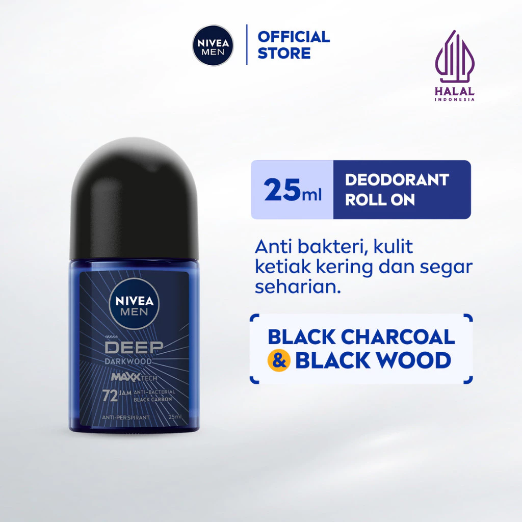 NIVEA MEN Deodorant Roll On Deep 25ml - Deodorant pria melawan bakteri keringat bau badan dengan wangi parfum premium maskulin blackwood menjaga ketiak kering tahan lama seharian - Antiperspiran, Black charcoal