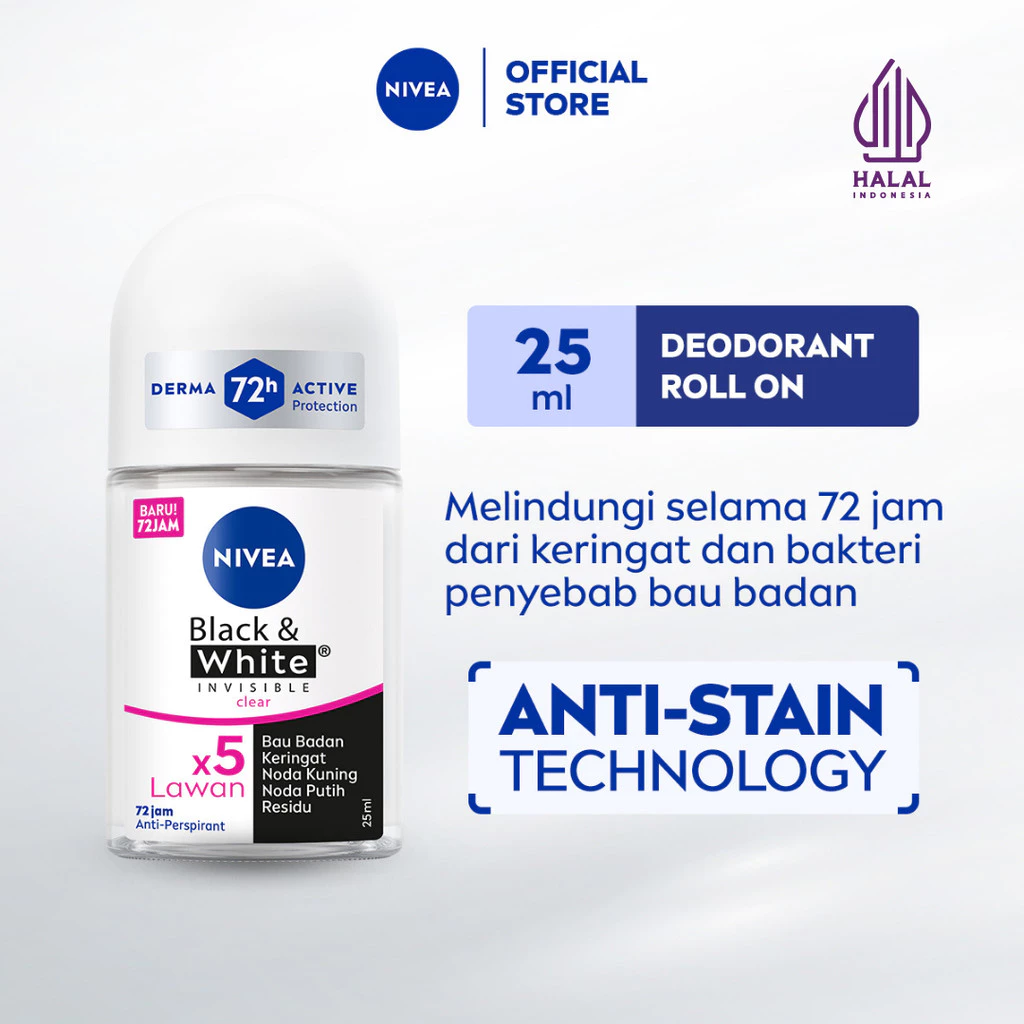 NIVEA Deodorant Anti-Stain Roll On Black & White Invisible Original 25ml - Deodorant wanita melawan bau badan tahan keringat anti noda residu dengan wangi segar tahan lama seharian - Antiperspiran, tidak mengandung ethyl alkohol cocok untuk semua jenis kulit