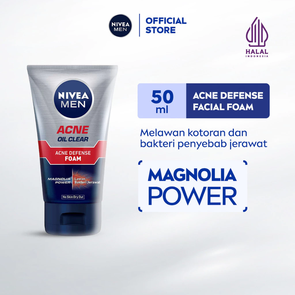 NIVEA MEN Facial Foam Oil Clear Acne Defense 50ml - Sabun cuci muka pria bebas jerawat anti bakteri pembersih wajah kulit berminyak face wash oily acne prone skin membersihkan komedo dan mengecilkan pori - Magnolia Power, L-CARNITINE