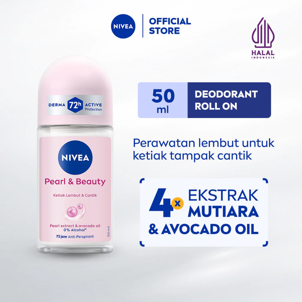 NIVEA Deodorant Roll On Pearl & Beauty 50ml - Deodorant wanita brightening mencerahkan dan menghaluskan ketiak dengan ekstrak mutiara dan avocado oil tahan keringat dan anti bau badan - Antiperspiran, 0% alkohol cocok untuk semua jenis kulit