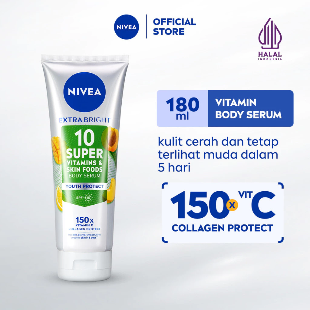 NIVEA Body Serum Extra Bright 10 Super Vitamins Youth Protect SPF 15 180ml - Handbody lotion mencerahkan kulit kusam glowing brightening skinbarrier body care terlihat muda - 150x Vitamin C, Collagen, anti oksidan, pelembap badan tone up