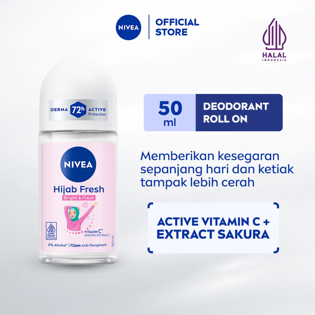 NIVEA Deodorant Roll On Brightening Hijab Fresh 50ml - Deodorant Wanita Hijab Brightening Pencerah Ketiak Dan Tahan Keringat Bau Badan Dengan Wangi Segar Tahan Lama Seharian - Vitamin C, Ekstrak Sakura, 0% Alkohol