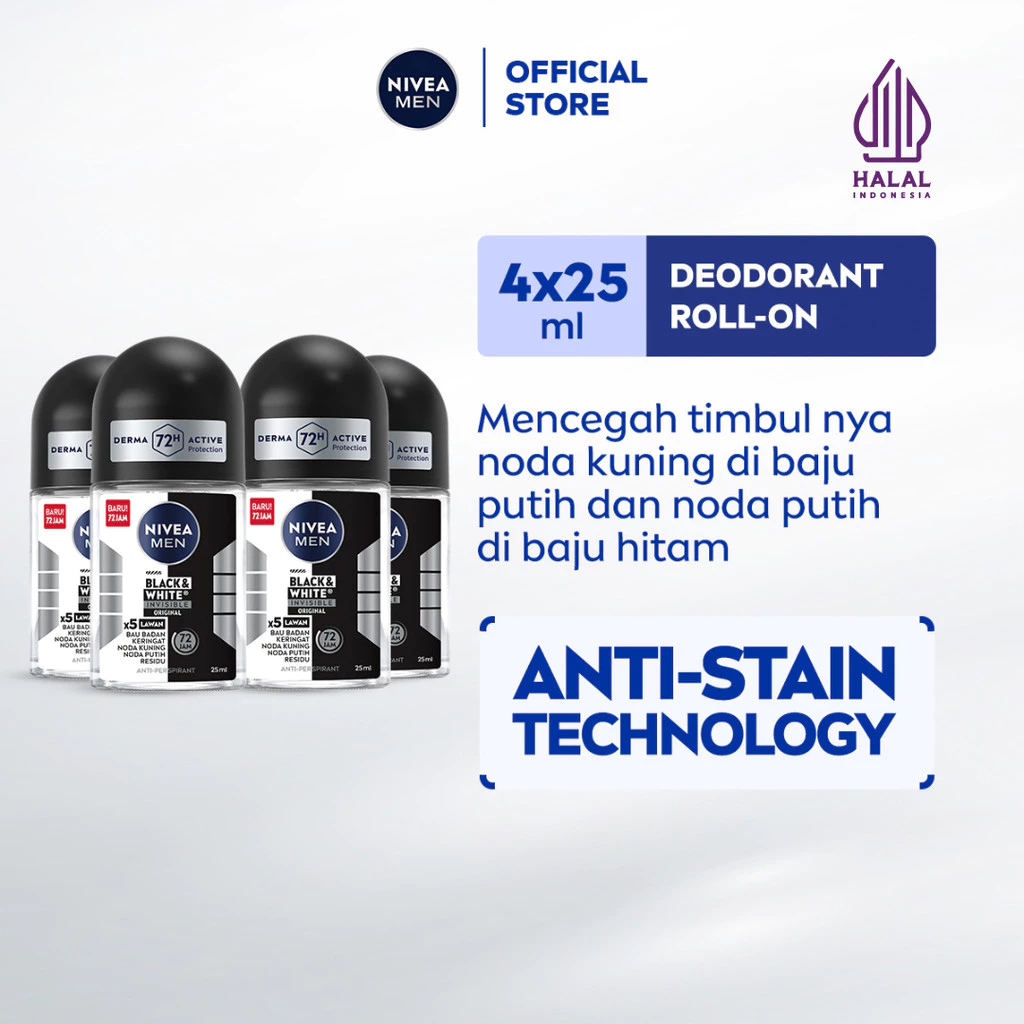 NIVEA MEN Deodorant Invisible Black&White Protection Roll-On 4x25mL