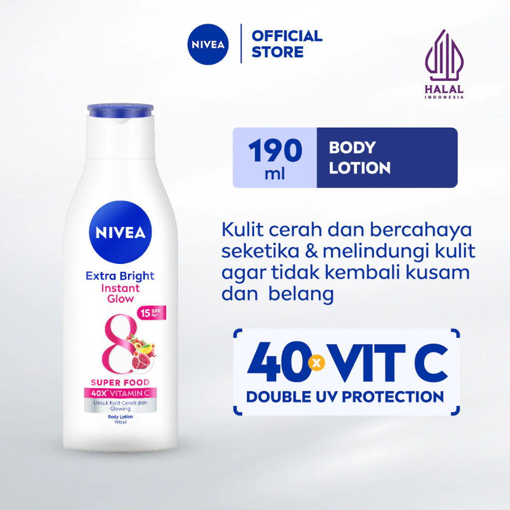 NIVEA Body Lotion Extra Bright Instant Glow SPF15 190ml - Handbody serum brightening mencerahkan kulit kusam glowing bercahaya 24 jam body care menghaluskan tekstur kulit - 40x Vitamin C, Double UV Protection, pelembap badan tone up