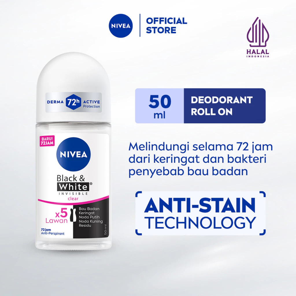 NIVEA Deodorant Roll On Black & White Invisible Original 50ml - Deodorant wanita melawan bau badan tahan keringat anti noda residu dengan wangi segar tahan lama seharian - Antiperspiran, tidak mengandung ethyl alkohol cocok semua jenis kulit