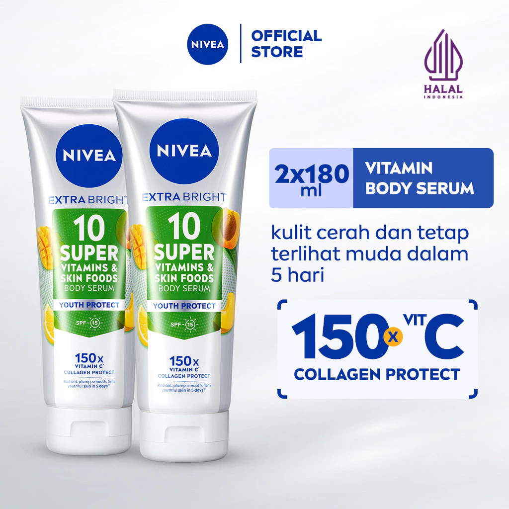 NIVEA Body Serum Extra Bright Brightening 10 Super Vitamins & Skin Foods Youth Protect Collagen 180ml x2 - Cerah dan terlihat muda dlm 5 hari - 150x Vitamin C