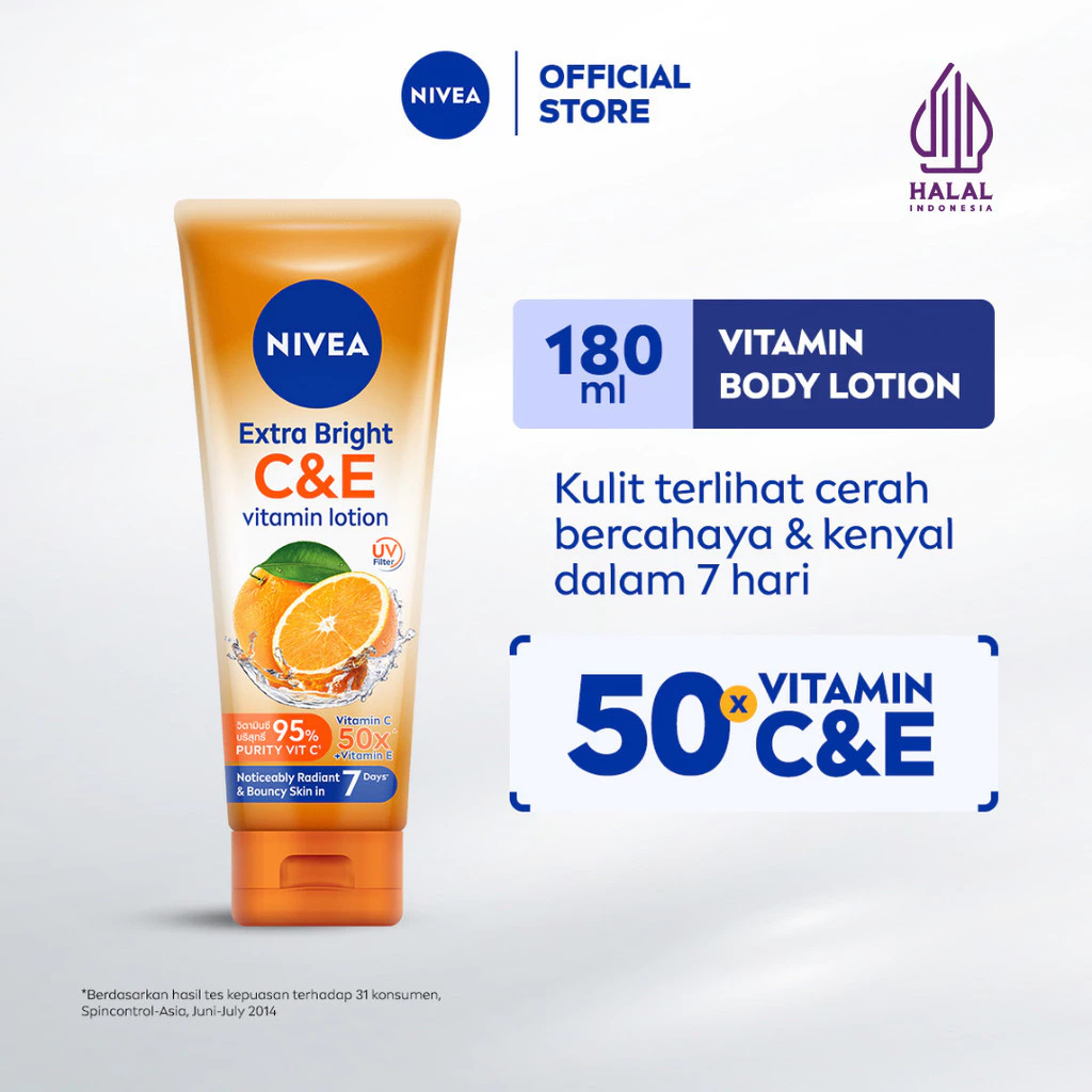 NIVEA Body Lotion Extra Bright C&E Vitamin Lotion 180ml - Handbody SPF serum UV Filter Thailand mencerahkan kulit kusam glowing brightening body care melembabkan kulit kering - 50x Vitamin C & E, UV Filter, tone up ringan dan cepat meresap