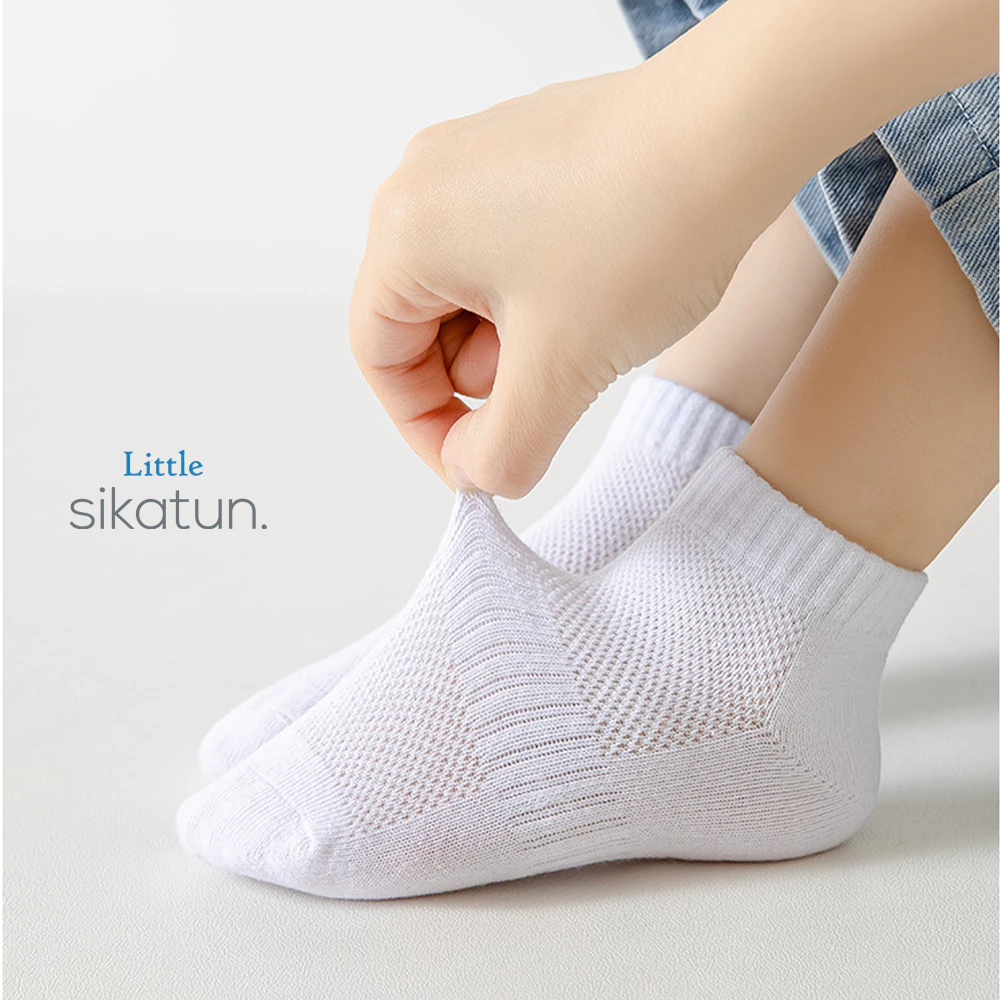 SIKATUN KIDS SOCKS PREMIUM - KAOS KAKI OLAHRAGA ANAK TK SD SMP SMA POLOS PENDEK HITAM PUTIH ABU BAHAN KATUN JARING