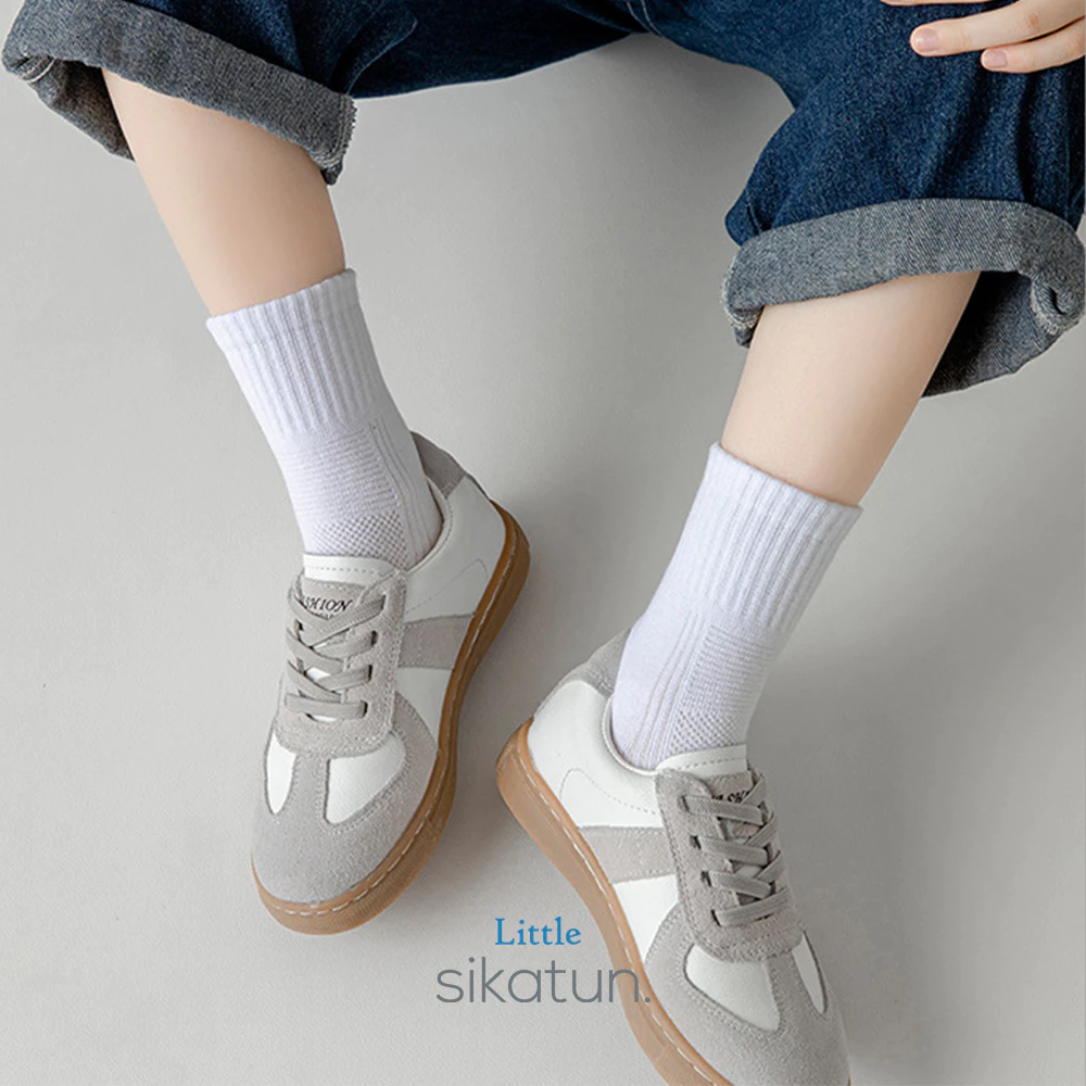 Sikatun Kids Socks Premium - Kaos Kaki Olahraga Anak Tk Sd Smp Sma Polos Panjang Hitam Putih Abu Bahan Katun Jaring