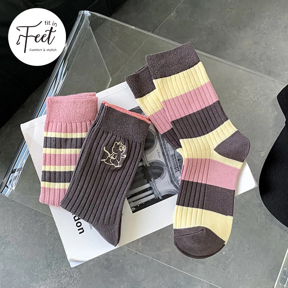 FIT IN FEET - CASUAL MID SOCKS WOMAN - RUBBER STRIPE PINK / Kaos Kaki Wanita Motif
