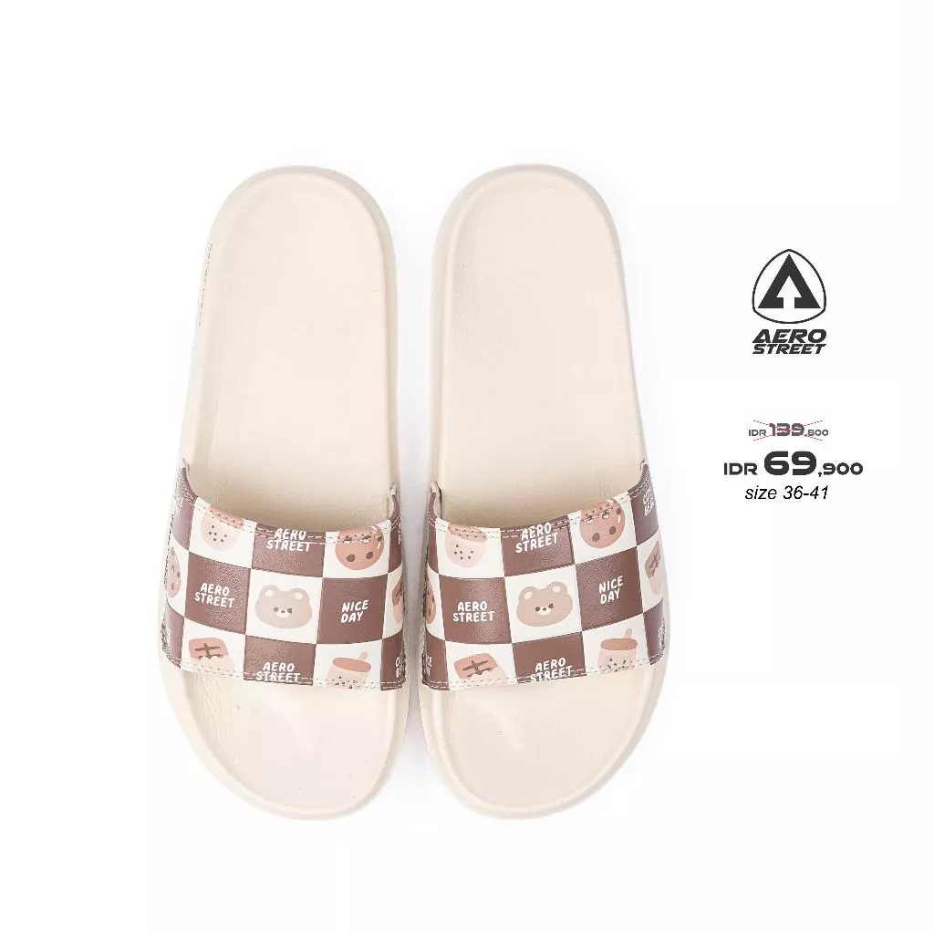 Aerostreet 36-41 Cookies & Bear Putih - Sandal Sendal Selop Slip On Casual Pria Wanita Aero street 22ABA0
