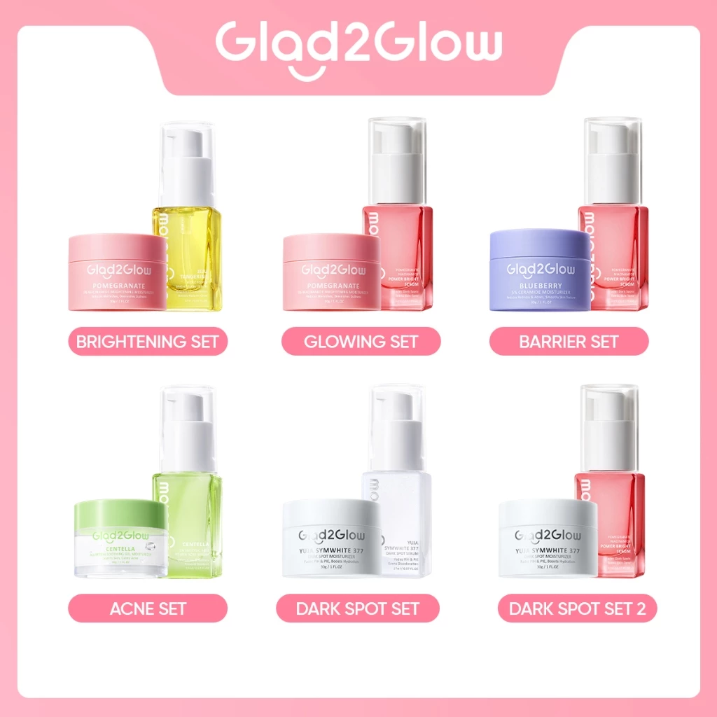 Glad2Glow 2pcs Skincare Paket Moisturizer + Serum - Brightening Moisturizer Gel + Serum Glowing Anti-acne Blueberry Ceramide Centella