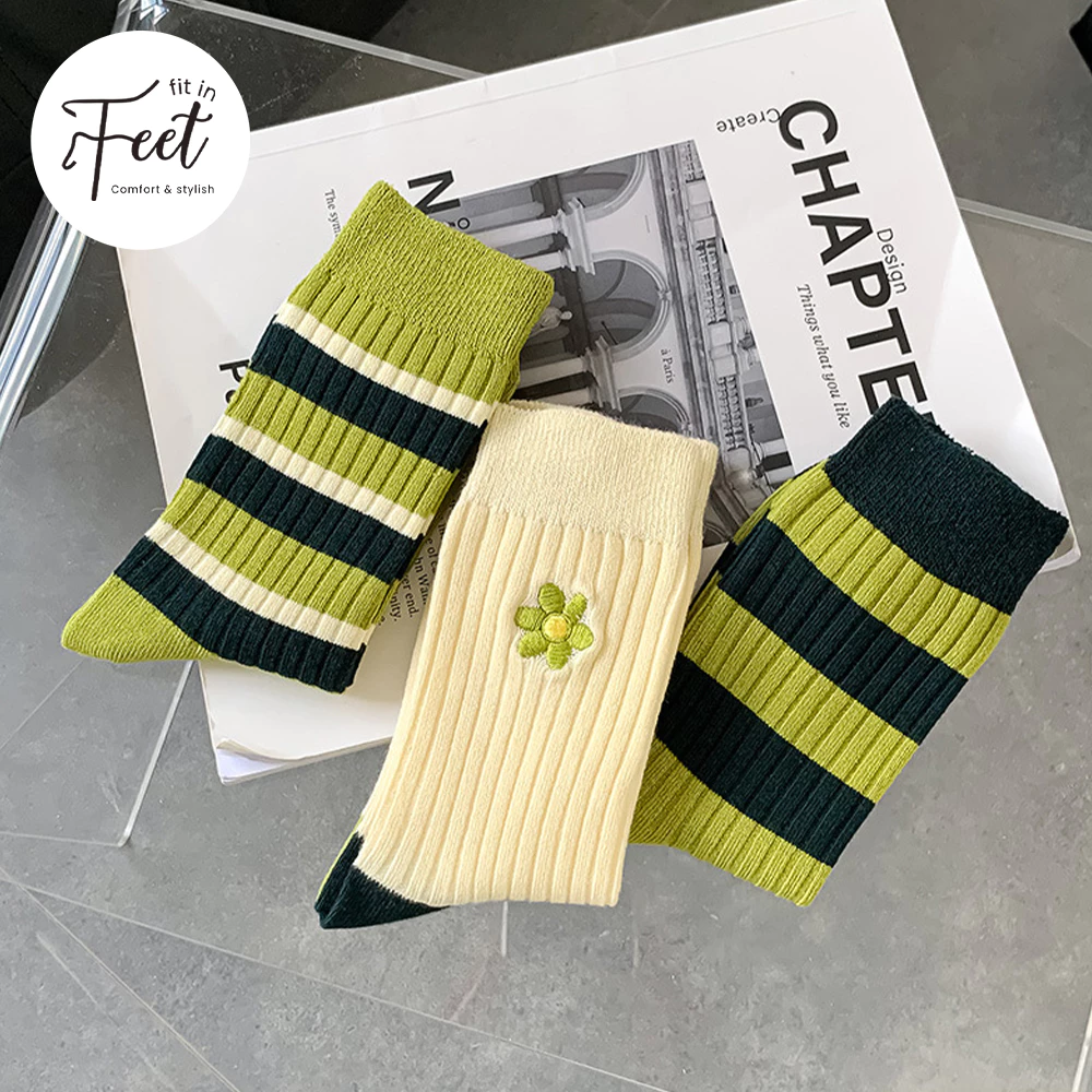 FIT IN FEET - CASUAL MID SOCKS WOMAN - RUBBER STRIPE GREEN / Kaos Kaki Wanita Motif