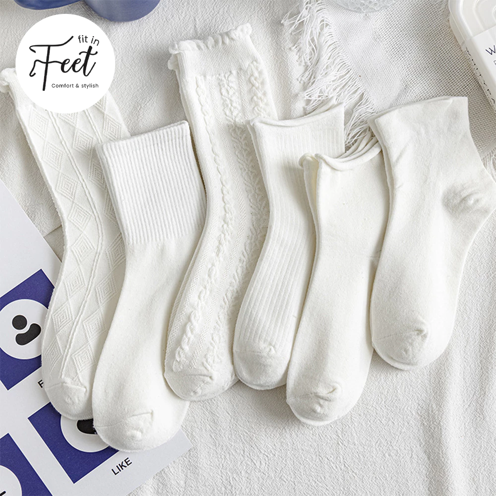 FIT IN FEET - WOMAN SOCKS PLAIN WHITE & BLACK LACES / Kaos Kaki Polos Renda Panjang Wanita Korean Japanese Style