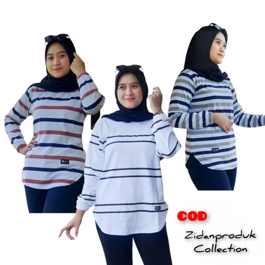 Kaos Lengan Panjang Wanita Kaos Oval Motif Kombinasi Garis Bahan Katun Kombad