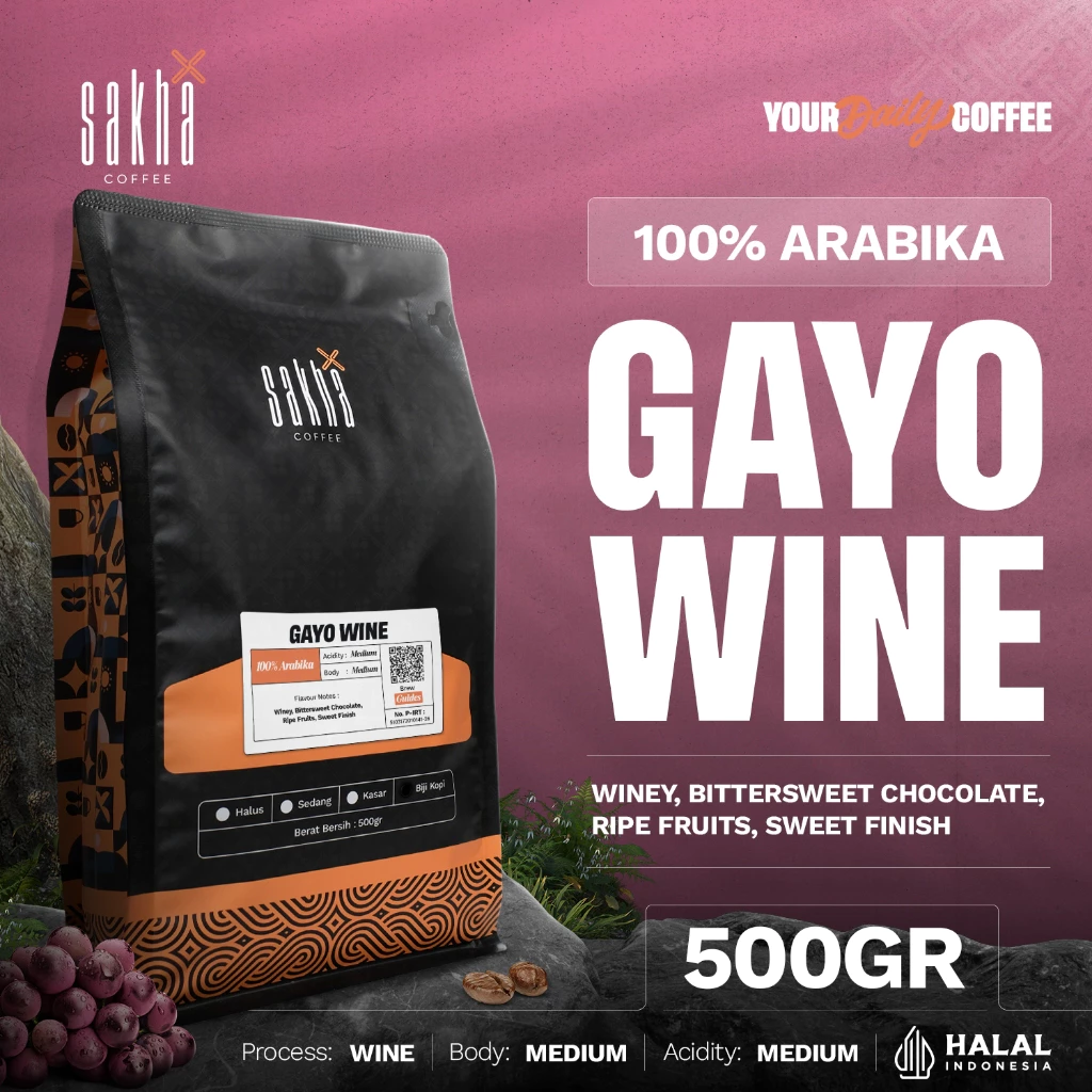Kopi Arabika Gayo Wine Arabica Coffee 500gr Sakha Roastery Biji Bubuk Coffe Roastery