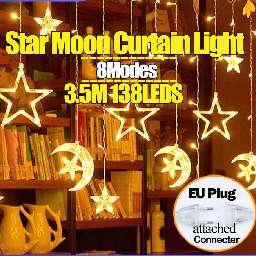 Ready COD 2025 lampu hias bulan bintang lebaran idul fitri curtain light 4 meter star moon lamp 8 modes curtain garland fairy string lights ramadan decoration/ led tirai kelap kelip