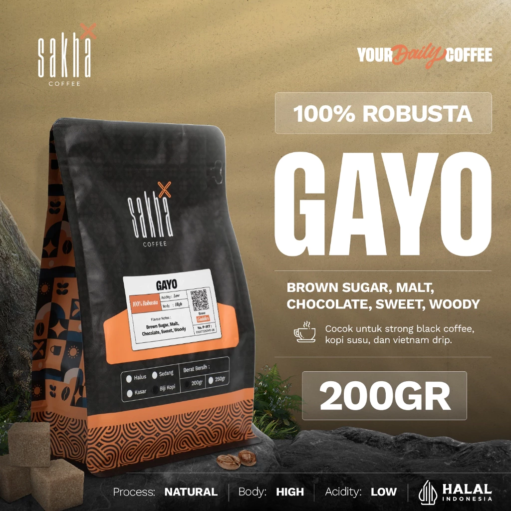 Biji Kopi Bubuk Fine Robusta Gayo Aceh Sumatra Espresso Coffee Roast Bean Coffe Sakha Roastery 200gr