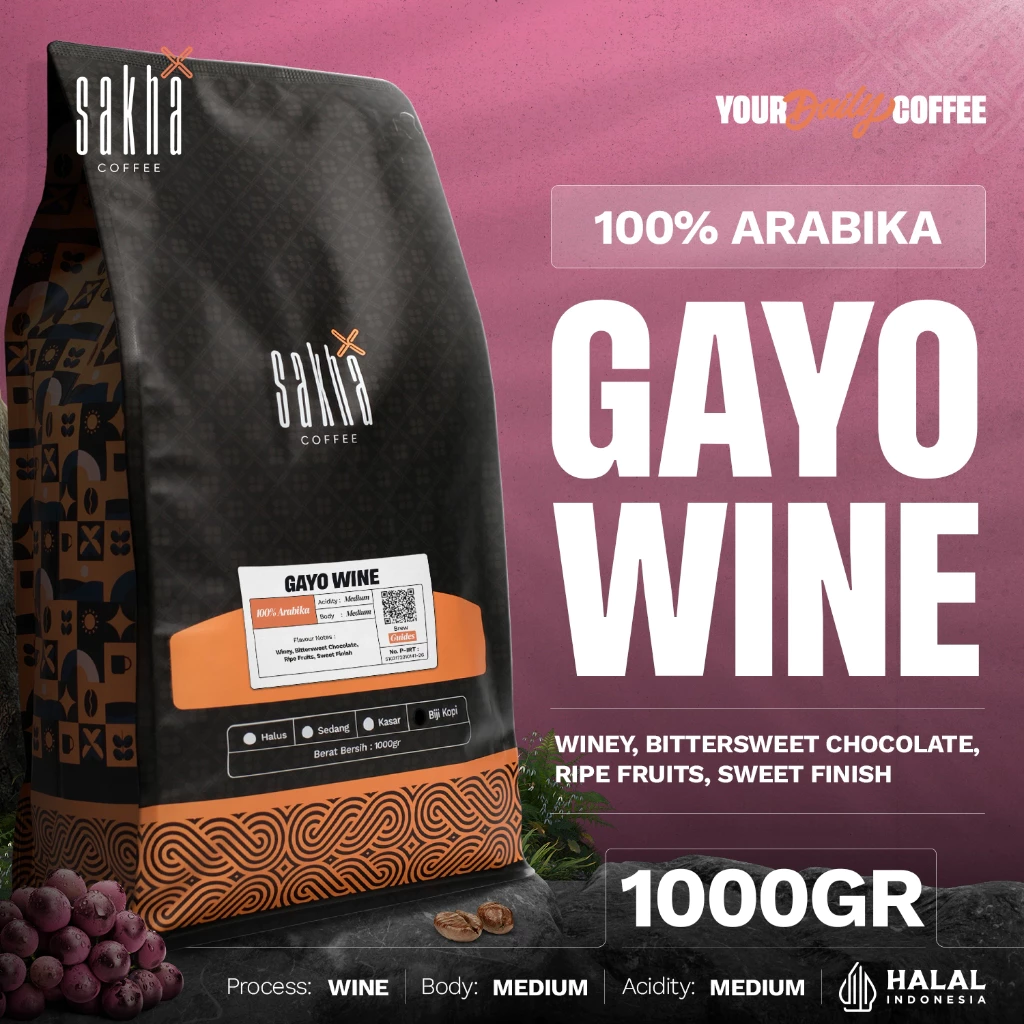 Kopi Arabika Gayo Wine Arabica Coffee 1Kg Sakha Roastery Biji Bubuk Coffe