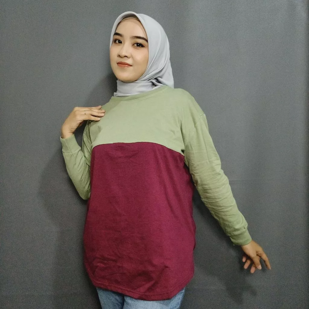 atasan kaos lengan panjang wanita kombinasi dada model kekinian