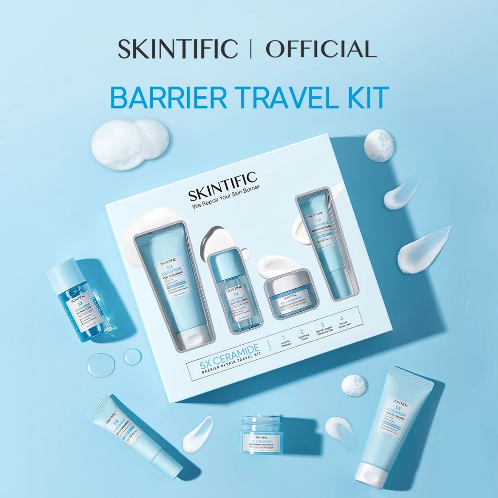 SKINTIFIC - 4pcs Travel Set 5X Ceramide Barrier Kit 5X Ceramide Low pH Cleanser 15ml + Soothing Toner 20ml+ Moisture Gel 6g + Sunscreen SPF50 PA++++ 5ml