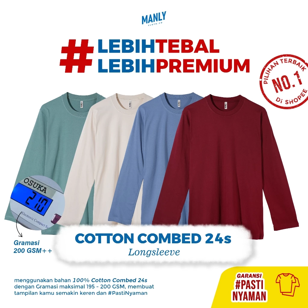#LEBIH TEBAL Kaos Polos Premium Lengan Panjang Cotton Combed 24s