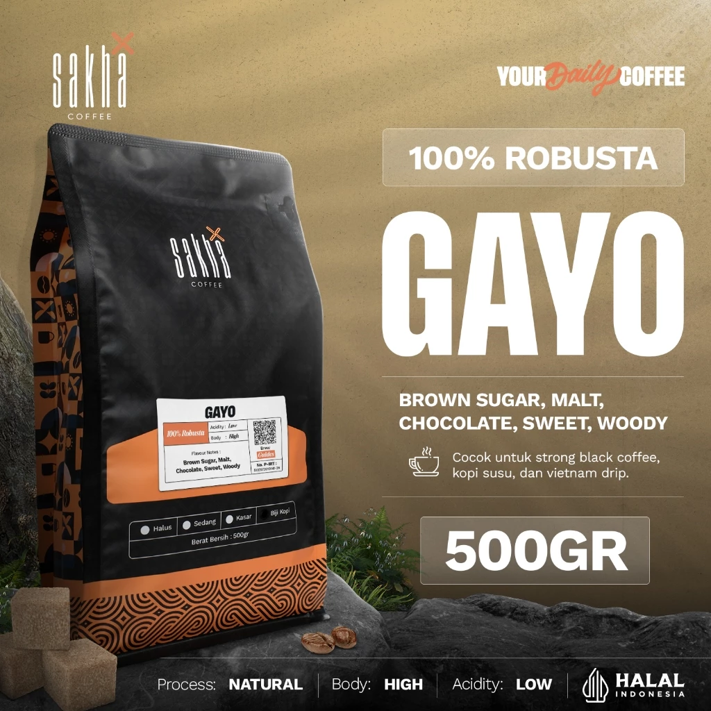 Biji Kopi Bubuk Fine Robusta Gayo Aceh Sumatra Espresso Coffee Roast Bean Coffe Sakha Roastery 500gr