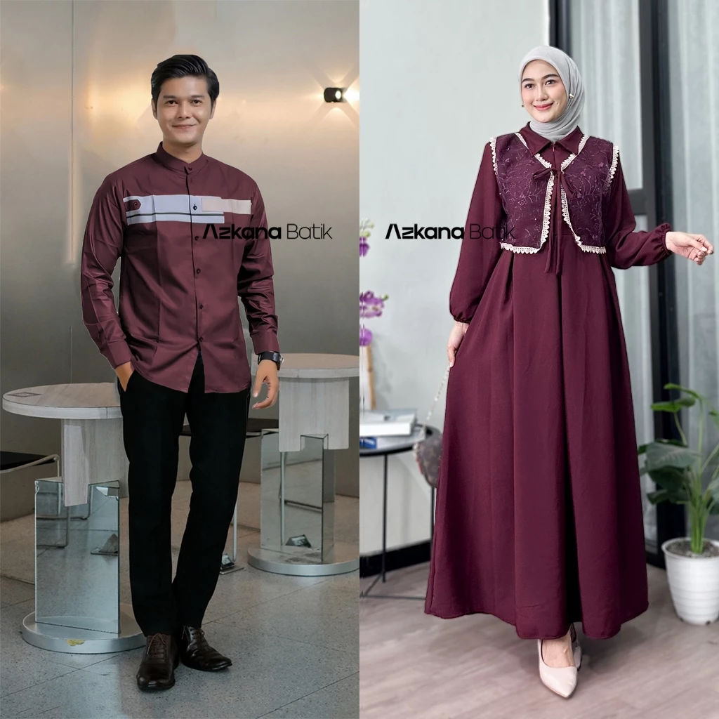 Baju Cople Lebaran Burgundy Koko Pria Lengan Panjang Gamis Simple Elegan Baju Lebaran Idul Fitri Ramadhan 2025