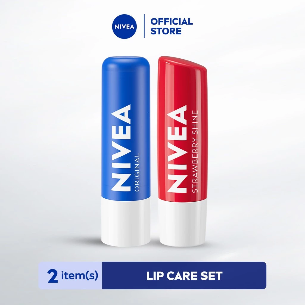 NIVEA Lip Care Lip Balm 4.8gr x2 - Original Essential & Strawberry Shine - Melembabkan, Perawatan Intensif Pada Bibir