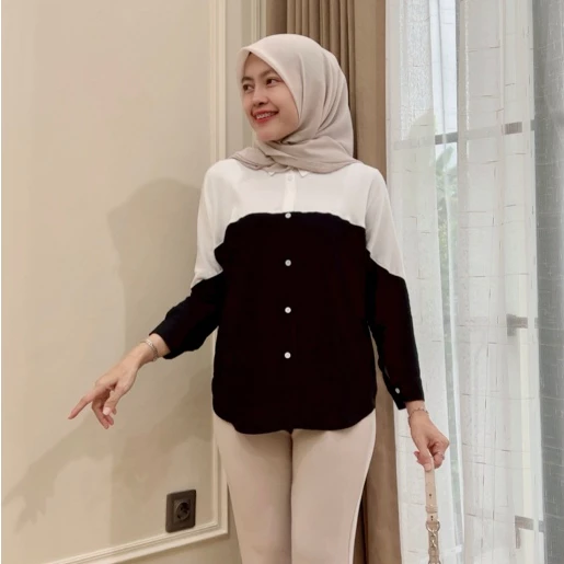 Kemeja Wanita Korean Style Kombinasi Dua Warna Rayon Twill Oversize Atasan Wanita Jumbo Terbaru