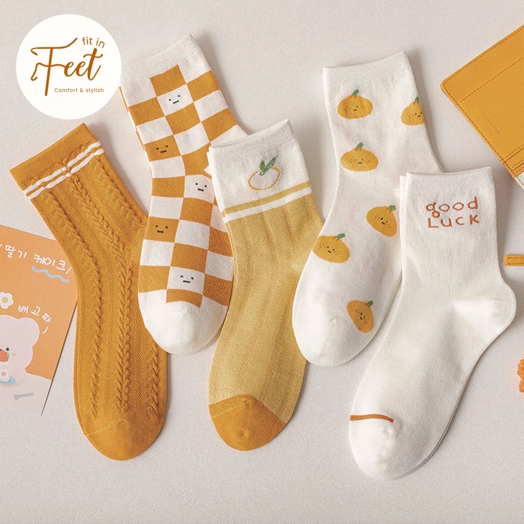 FIT IN FEET - CASUAL MID WOMAN - ORANGE /  Kaos Kaki Motif Setengah Betis Orange