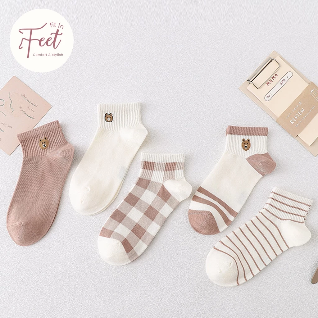FIT IN FEET - CASUAL SHORT SOCKS WOMAN - BROWN / Kaos Kaki Motif Pendek Diatas Mata Kaki Coklat