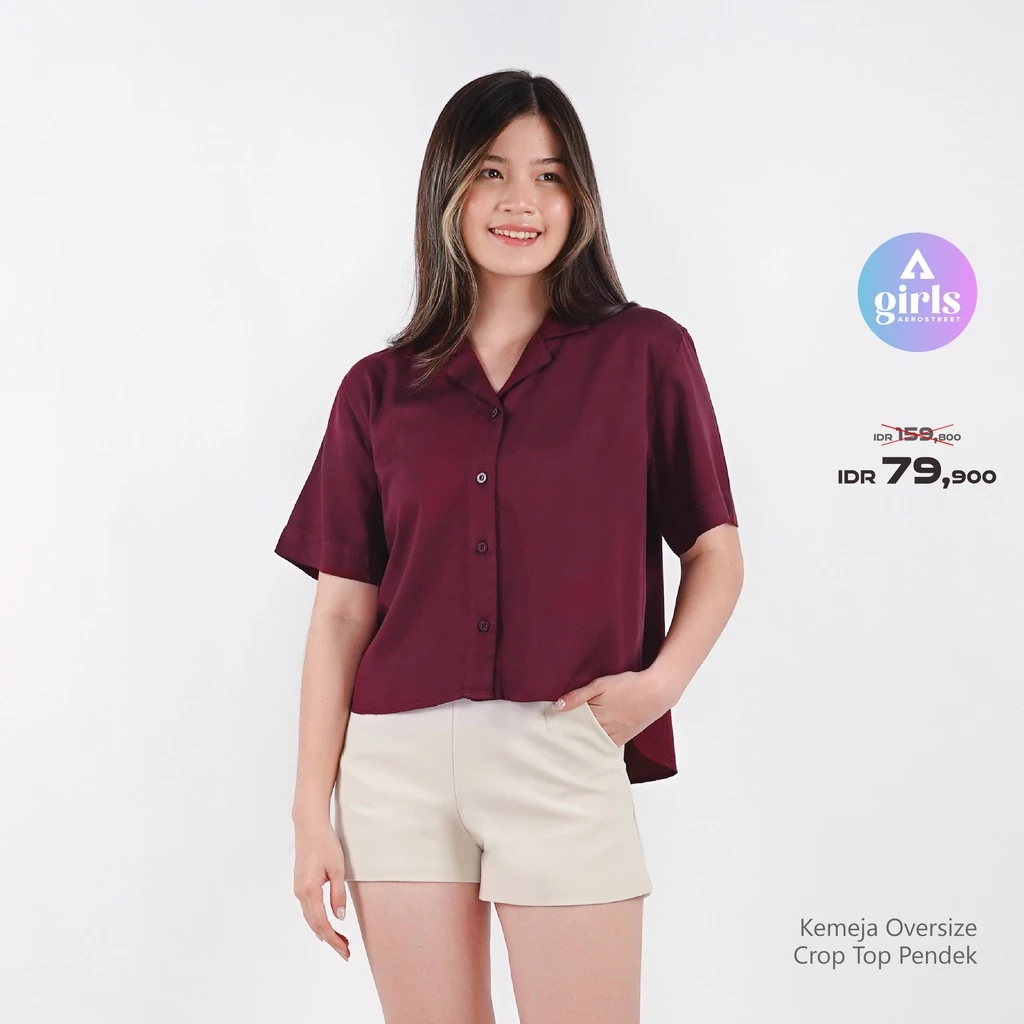 Aerostreet Kemeja Rayon Oversize Crop Top Yuki Maroon Gelap Woman QDAAA
