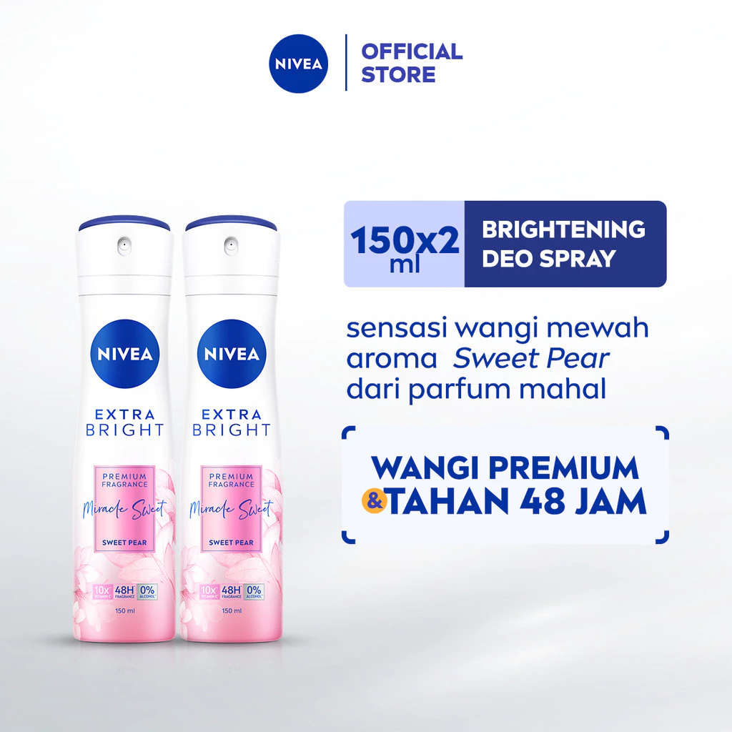 NIVEA Deodorant Spray Antiperspirant Extra Bright Premium Fragrance Miracle Sweet 150ml x2
