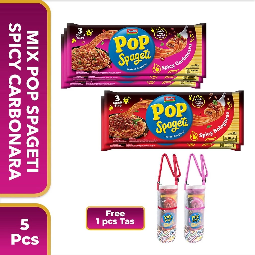 5 PCS - Mix Pop Spageti Spicy Carbonara & Bolognese 84 Gr Free Tas Tumbler