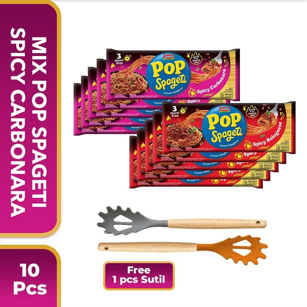 10 PCS - Mix Pop Spageti Spicy Carbonara & Bolognese 84 Gr Free Spageti Spoon